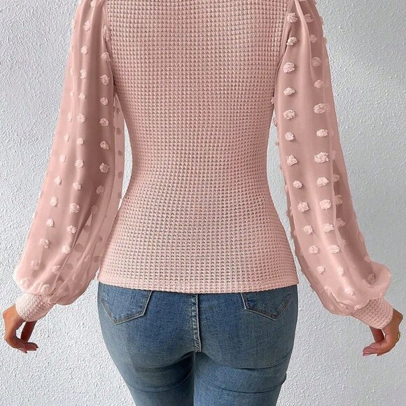 Pink Elegant Women's Stand Collar Mesh Contrast Long Sleeve Blouse - Picture 3 of 6